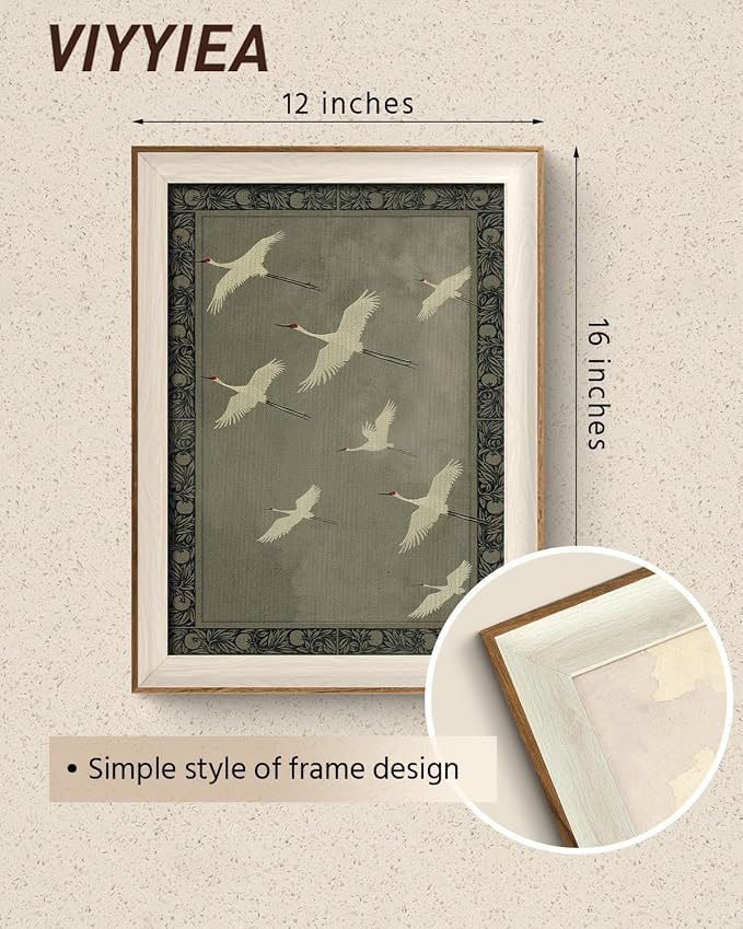 VIYYIEA Framed Wall Art for Living Room, Cranes Canvas Prints, Vintage Home Decor, Animals Painting Picture, Bathroom Wall Decor Gifts for Friends or Family -【Flying Cranes】-(16L x 12W)