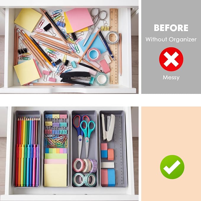 Teling 4 Pcs Grey Large Rectangular Desk Organizer Set, Half Accessory Tray, Plastic Tabletop Organizer for Office, Home, or Study, Dimensions: 9.45 x 2.95 x 1.38 Inches