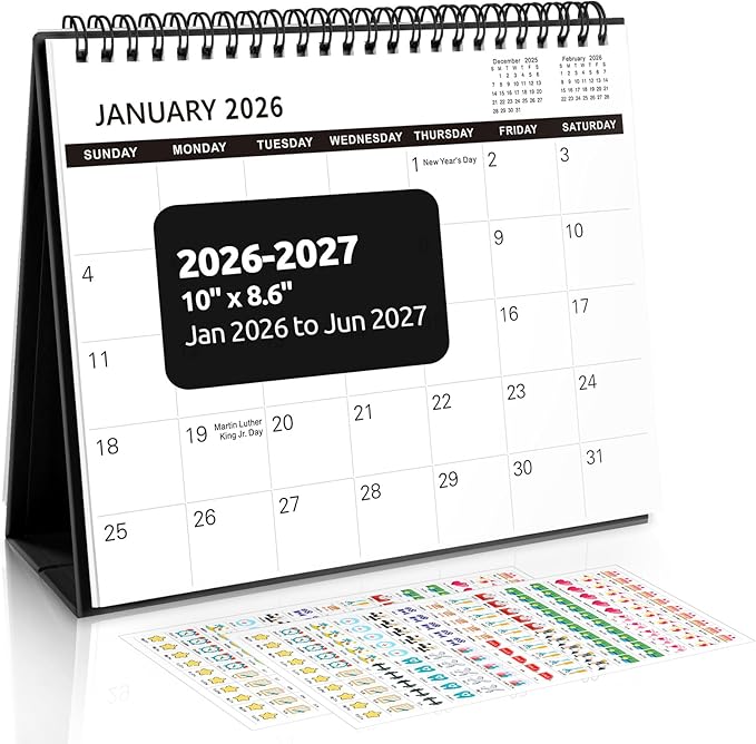 SKYDUE Desk Calendar 2026-2027, 21 Months Small Desk Calendar 2026-2027, Apr 2026 to Dec 2027, 10" x 8" Desktop Calendar Planner with Stickers, Black