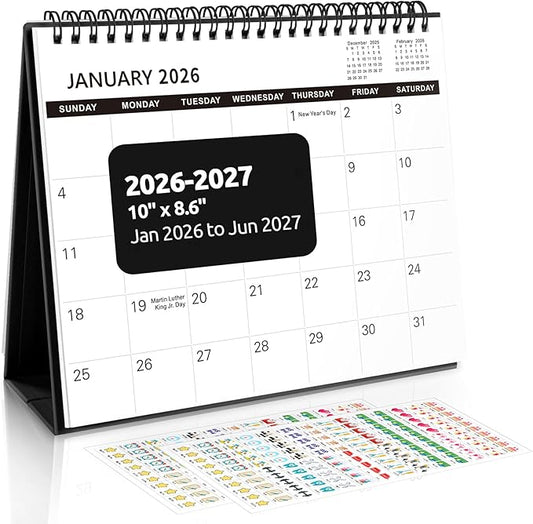 SKYDUE Desk Calendar 2026-2027, 21 Months Small Desk Calendar 2026-2027, Apr 2026 to Dec 2027, 10" x 8" Desktop Calendar Planner with Stickers, Black