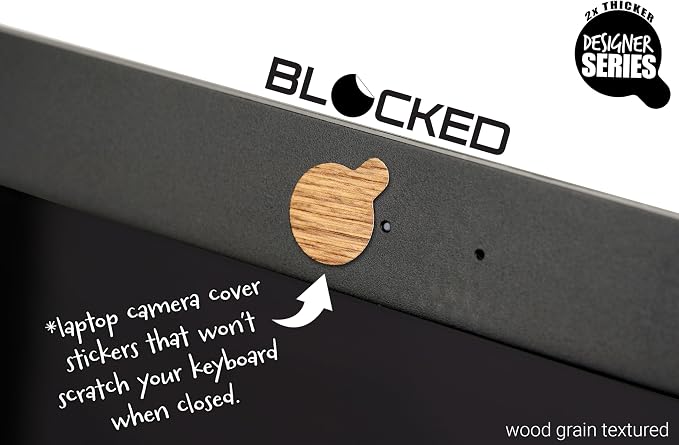 Rigid Series - 2X Thicker | BLOCKED Original Vinyl Webcam Cover Stickers | Restickable & Stackable Privacy Covers | for All Camera-endable Devices | 3-Sizes | 57 Tabbed Wood Grain Textured