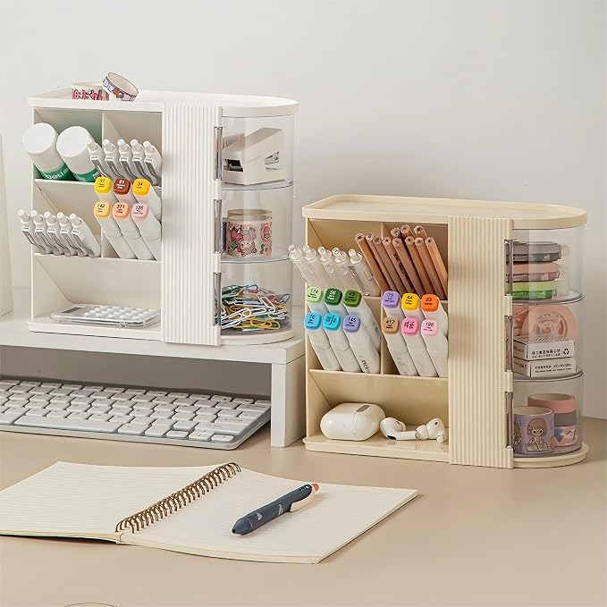 Desk Organizer with Pen Pencil Holder for Desk, Pen Organizer with 3 Drawers, Multi-Functional Desk Organization Deals and Accessories Desktop Storage for Office Home Art Supplies (White)