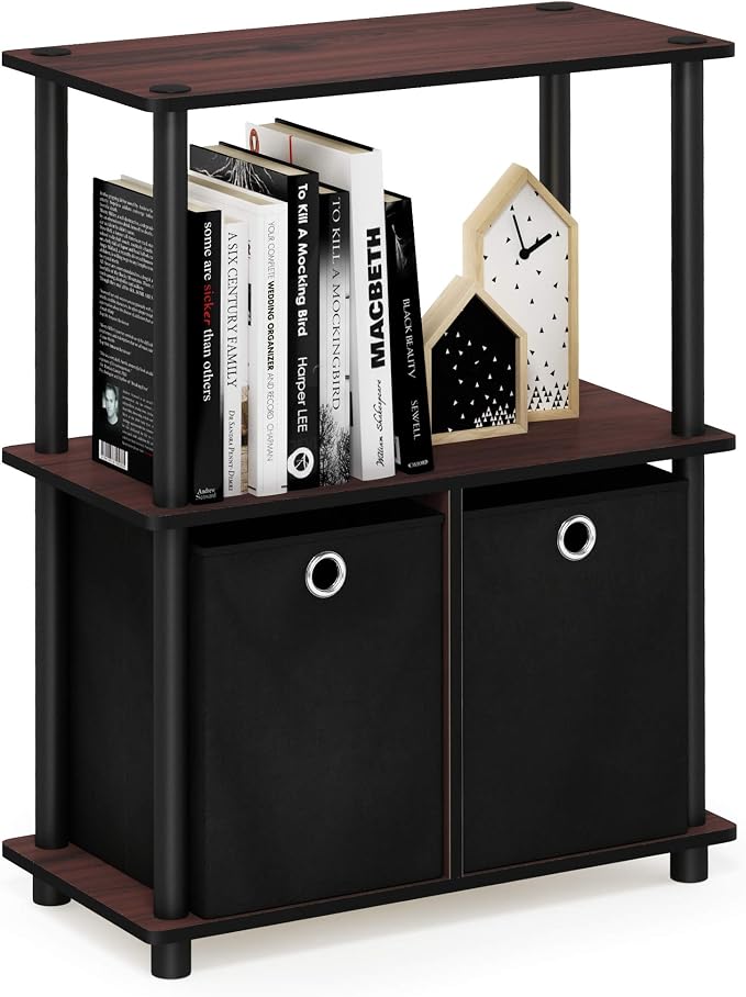 Furinno TURN-N-TUBE Storage Shelves, 3-Tier Toolless Book Shelf with Storage Bins, Display Shelf, for Organization and Storage, Living Room, Garage, Home Office, Dark Cherry