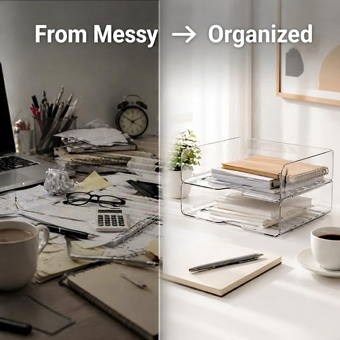 DCA 2 Tier Desk Organizer, Clear Paper Tray File Organizer | Stackable Letter Tray | Office, Home & School | Large Capacity