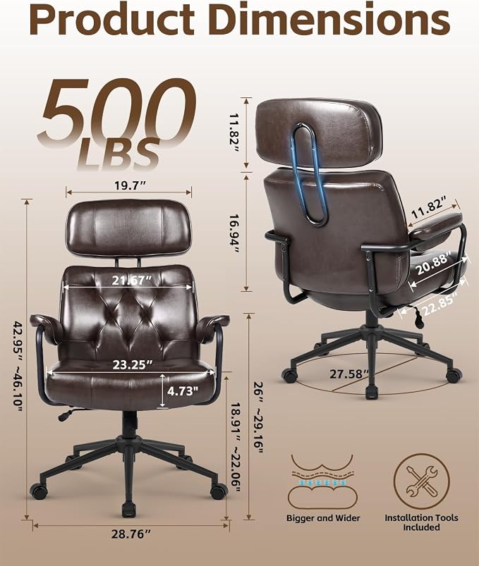 Mid Century Modern Home Office Desk Chair Comfy, Office Chair Big and Tall | High Back Executive Office Chair, Ergonomic Computer Chairs, Wide Seat, Pu Leather, Rolling Chair with Wheels, Chocolate