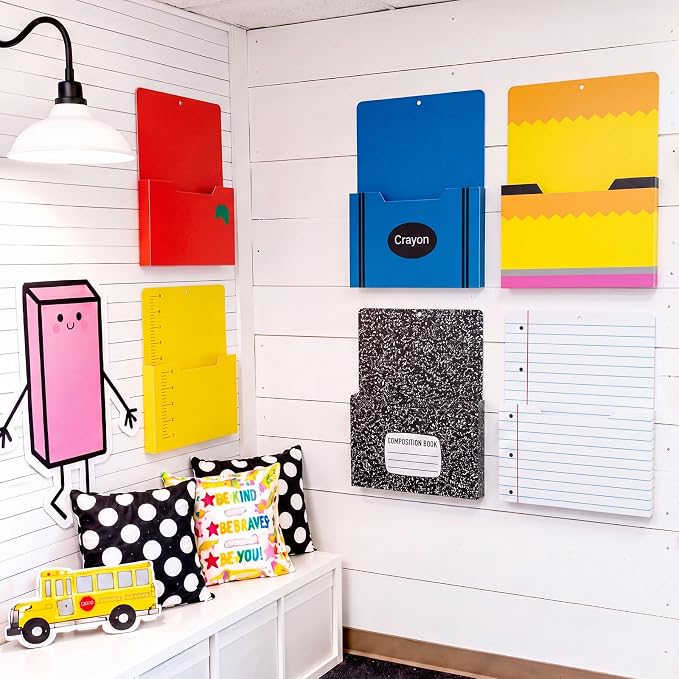 Gilprop 6 Pcs Assorted School Style Magnetic File Folder Holder Pocket File Organizer Classroom Decor Teacher Desk Accessories for Whiteboard Mail Paper Book No Drilling Desk Door Classroom Essential