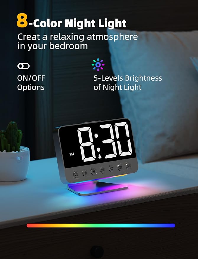 Odokee Digital Alarm Clocks for Bedrooms: Easy to Read Across The Room | Large Bold Number 5 Brightness Dimmer - 8 Night Light 5 Sound - Loud Alarm for Heavy Sleepers with Adjustable Volume - Silver