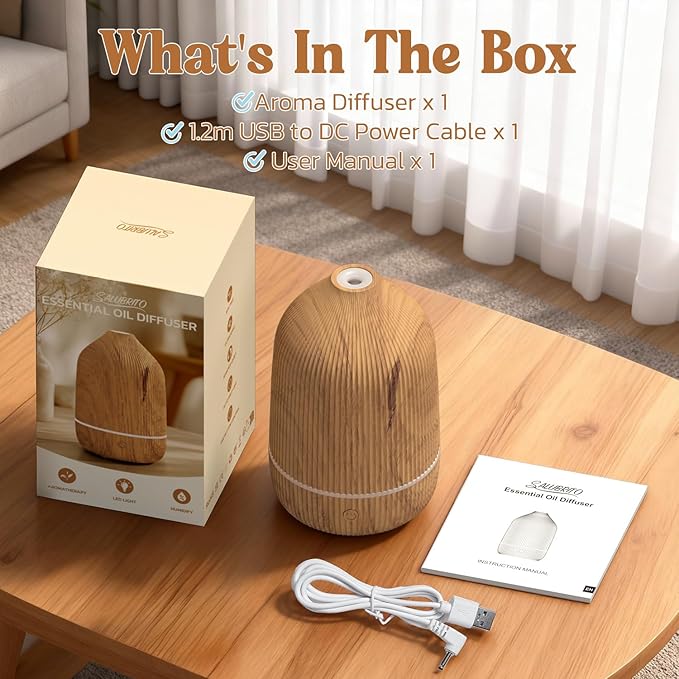Essential Oil Diffuser, 100ml Aromatherapy Diffuser, Mini Ultrasonic Diffuser for Essential Oil, Home, Office, Cool Mist Humidifier with 7 Led Light, Auto Shut-Off, Wood Grain