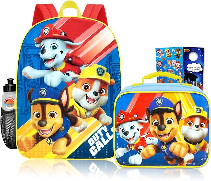 Paw Patrol Backpack with Lunch Box for Kids - Bundle with 16" School Bag, Lunch Bag, Stickers, Water Bottle, More | Paw Patrol School Backpack and Lunchbox for Boys