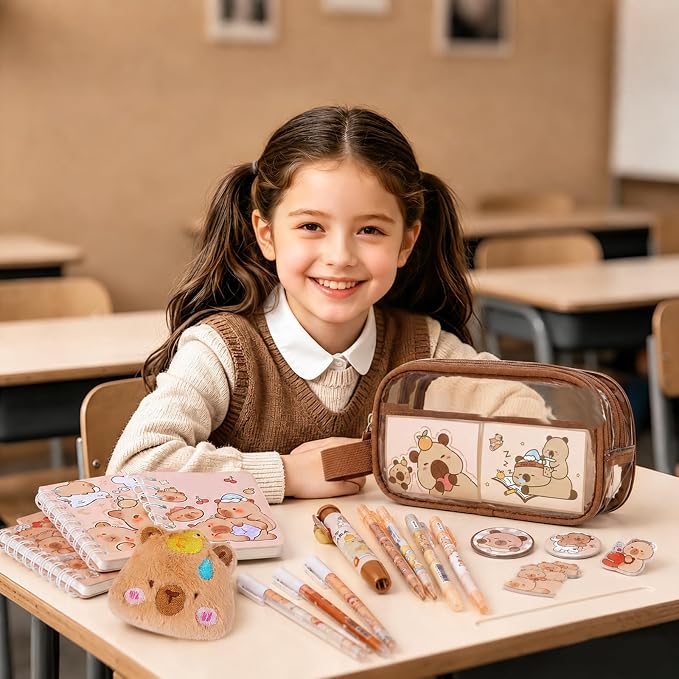 Capybara Theme Clear Backpack, 28Pcs School Supplies Stationery Transparent Backpack Set with Lunch Box Pencil Case Pens Notebooks for Kids Girls Elementary Middle School Stadium Approved