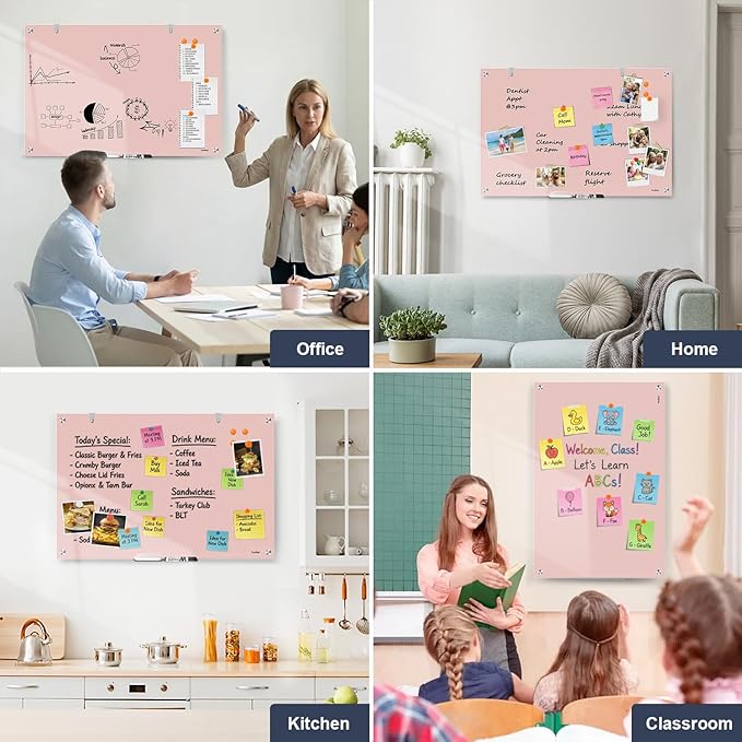 Glass Whiteboard, 36x24 Inches Magnetic Glass Dry Erase Board, Pink White Board for Wall Office School Classroom Home, 3x2 Feet Large White Board Wall Mounted