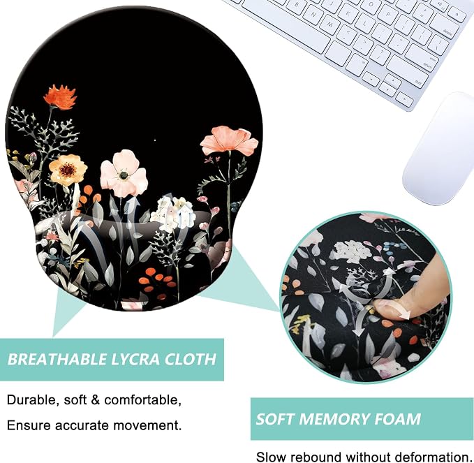 Mouse Pad with Wrist Support, Ergonomic Mouse Pad with Memory Foam Wrist Rest Cushion, Non-Slip Rubber Base Gaming Mice Pad for Home Office Computer Laptop, Flower Black