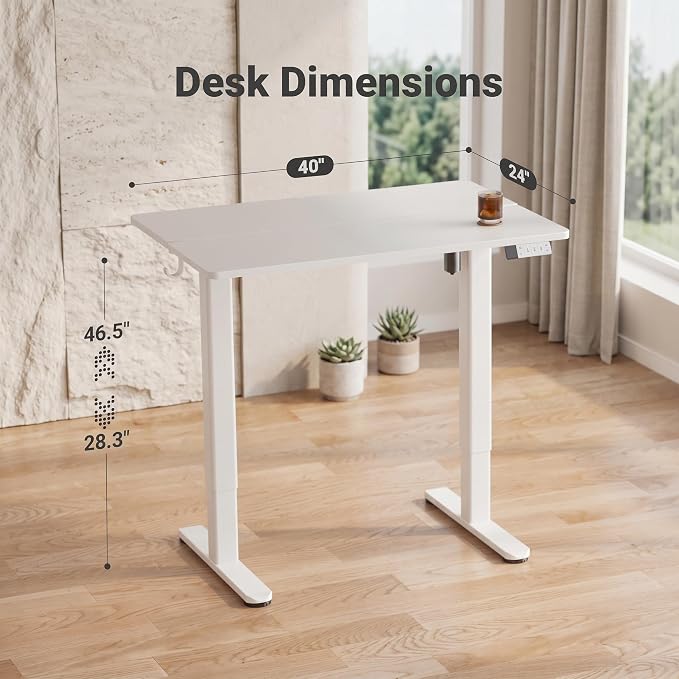 Claiks Electric Standing Desk, 40x24 Inch, White | Adjustable height for sit-stand, 156lbs capacity, scratch-resistant surface, 3 memory presets, cable management & hook.