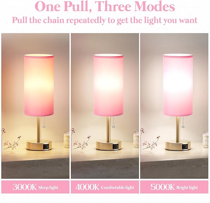 Dicoool Pink Bedside Table Lamp for Bedroom, Small Nightstand Lamp for Girls, 3 Color Temperatures & USB Charging Port, Cute Desk Lamp for Kids Teens Room Decor, Dorm Room Essentials