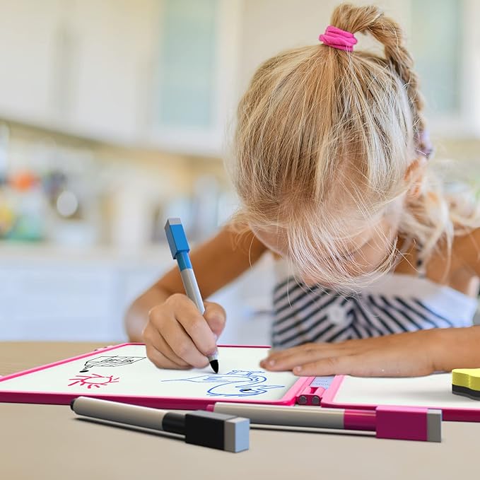 Dry Erase Board, Small WhiteBoard for Kids, 4 Writing Sides Desktop White Board, Small Dry Erase Whiteboard, 11.5x17inch Foldable WhiteBoard for School Office Desk(Pink)