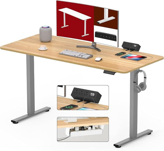 SANODESK Electric Standing Desk with Desk Clamp Power Strip 48"x 30" Whole-Piece Desktop Height Adjustable Stand Up Desk with Cable Management Sit Stand Home Office Desk Silver Frame/Maple Top