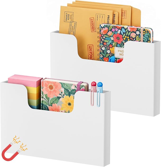 Marbrasse 2P Magnetic File Holder, Magnetic Hanging Wall File Organizer, Pocket Paper Magazine Mail Organizer for Refrigerator,Notebooks,Planners,Letter(White)