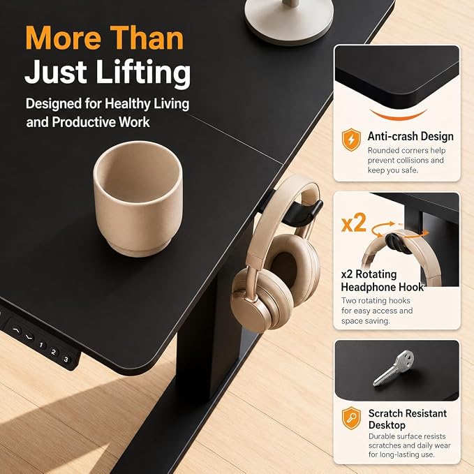 Claiks Electric Small Standing Desk, 35x20 Inch, Black | Adjustable height for sit-stand, 156lbs capacity, scratch-resistant surface, 3 memory presets, cable management & hook.
