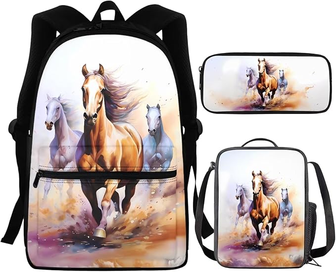Horse Custom Backpack for Kids 8-12 with Lunch Box and Pencil Bag Large Capacity Backpack Lunchbag and Pencil Case Set for Primary School Students Back To School Gift