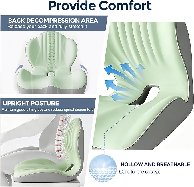 Seat Cushion for Office Chair Car, L-Shaped Ergonomic Seat Cushions,Memory Foam Orthopedic Cushion with Coccyx Hollow,Lumbar Support & Tailbone Pain Relief for Car, Truck, Home,Green & Gray