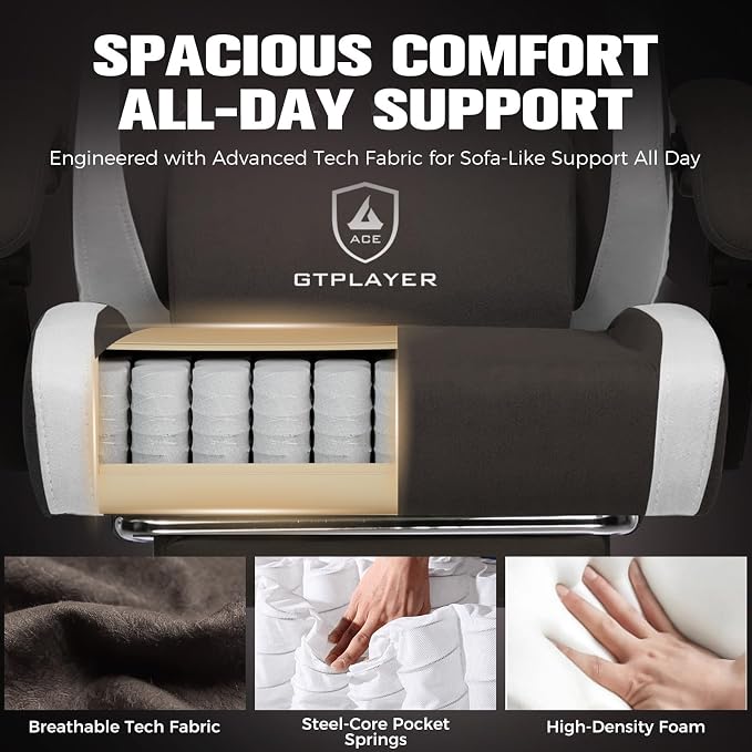GTPLAYER Big and Tall Gaming Chair 350lbs Heavy Duty Office Chair with Foot Rest, High Back Pocket Spring Ergonomic Computer Chair for Adults, Wide Comfy Seated Cushion with Linkage Armrests, Brown