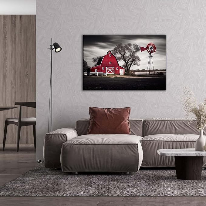 Country Wall Art Large Farmhouse Old Red Barn Canvas Picture Wood Artwork for Home Rustic Farm Scene Windmill Painting Bedroom Living Room Black and White Nature Country Landscape Wall Decor 24x36"