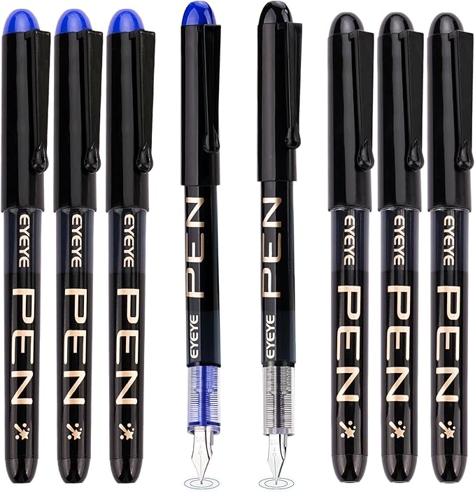 EYEYE Disposable Fountain Pens Fine Point, 4 Black 4 Blue Fountain Pens for Writing, Stainless Steel Nib, Smooth Writing for Journaling, Drafting, Sketching, Doodling & Office Supplies