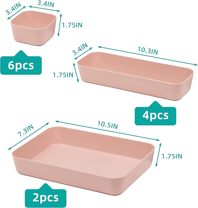 Set Of 12 Pink Color Plastic Desk Drawer Organizers For Makeup Bathroom Office Kitchen Vanity Drawer Storage Box Container