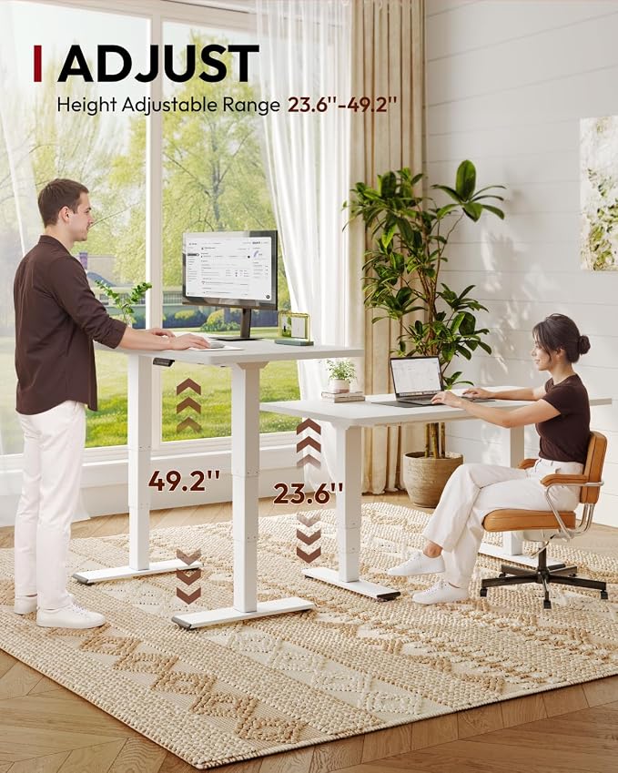 SANODESK Dual Motor Standing Desk 220lbs Height Adjustable Desk | 48"x30" Spacious One-Piece White Desktop & White Frame, 4 Memory Presets, 3-Stage Legs, 220lbs, 2-Box for Home & Office