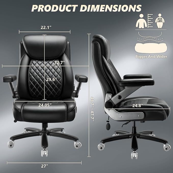 650LBS Big and Tall Office Chair with 5D Flip Arms and Thick Pocket Spring Cushion, Extra Wide Heavy Duty Office Chair & Adjustable Lumbar Support, Large High Back Computer Chair Dual Rubber Wheel