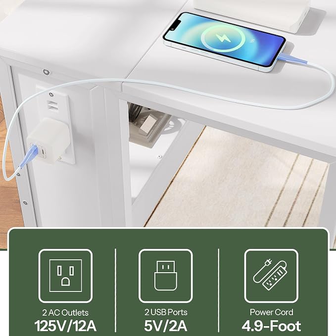 CHOEZON Folding Desk with Power Outlets, 31.5" Rolling Computer Table with Wheels, Portable Office Desk with Storage Shelf for Small Spaces White TDN01UWB