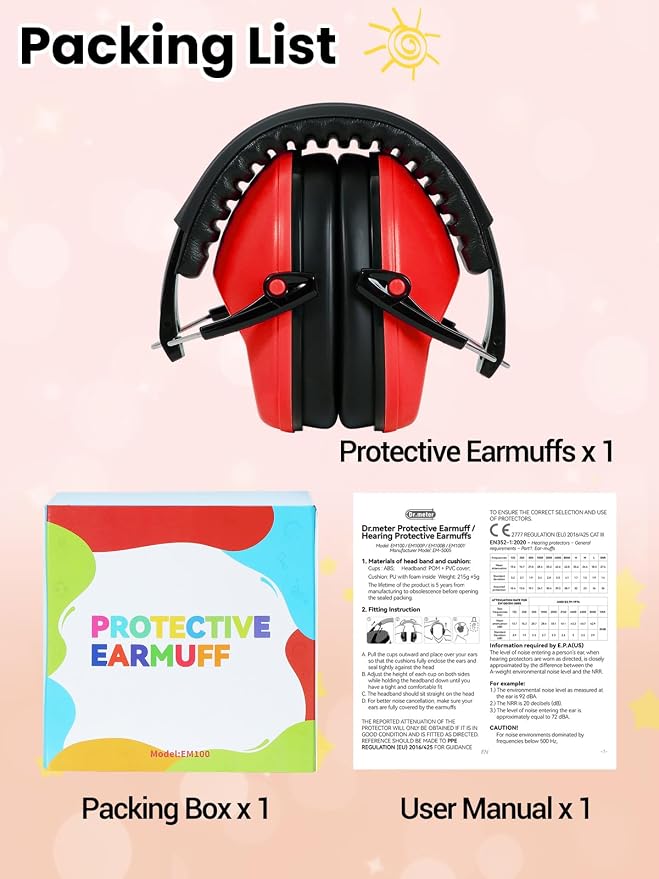 Dr.meter Ear Muffs for Noise Reduction: SNR27.4 Noise Cancelling Headphones for Kids with Adjustable Headband - Noise Cancelling Ear Muffs for Monster Jam, Football Game, Fireworks and Air Shows - Red