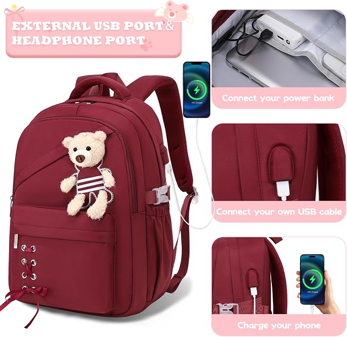 ACESAK School Backpack for Girls - 3 PCS Cute Girls Backpack with Lunch Box & Pencil Case - Kawaii Casual Kids Bookbag School Bag Daypacks Set for Elementary Middle High School Student Teens (Red)