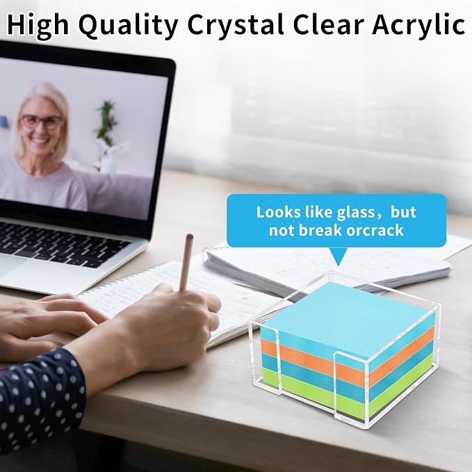 Acrylic Sticky Note Holder, 3 x 3 Inch Post It Note Holde | Clear Cute Post It Note Dispenser, Thick Notepad Holder, Acrylic Desk Organizer for Office, Home, Dorm, Classroom Desk