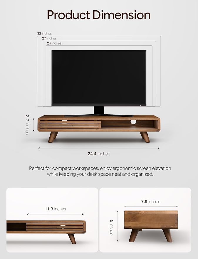 Tinamo 24" Wood Monitor Stand Riser with Sliding Door and Cable Management | Acacia Wood, Ergonomic Design, Fits Most 24"-32" Monitors, Non-slip, Hidden Multi-purpose Storage, All Hardware Included