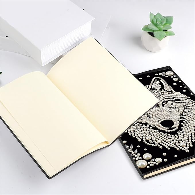 FRANDEK Pearl Painting Notebook Kit, Black and White Wolf A5 DIY Journal with 50 Blank Pages, Diamond Gem Art Cover with Waterproof Canvas, Beginner Craft Set with Full Tools for Adults