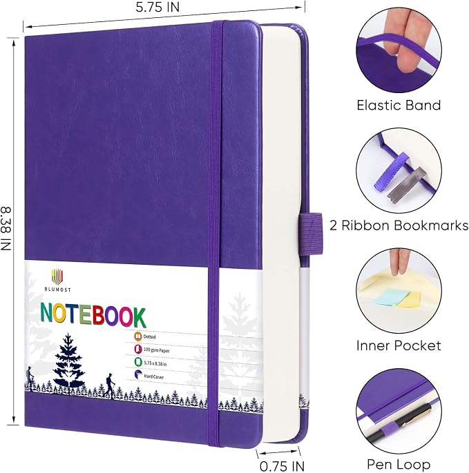 Bullet Dotted Journal Notebook - A5 Dot Grid Notebook with 280 Pages,100gsm Thick Paper,Leather Hardcover Journal for Women Men,5.75'' × 8.38''-Purple
