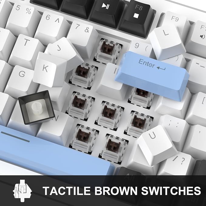 MageGee 75% Mechanical Gaming Keyboard, Compact Blue Backlit Wired Gaming Keyboards with Brown Switches, EVA Foam, Knob Control, STAR75 Portable NKRO PC Gaming Keyboard - White & Blue