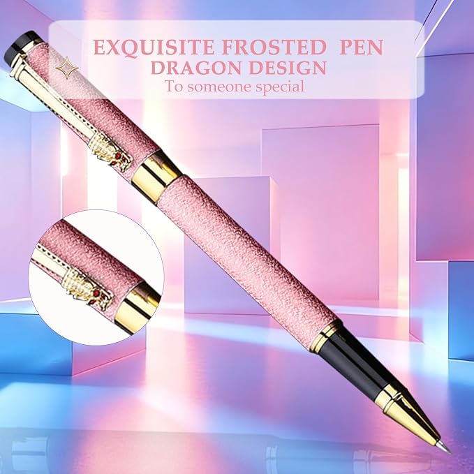 Fancy Pens for Women, Nice Rollerball Pens with Dragon Design, Elegant Gift Pen, Office & Signature Writing Pen, Refillable Black Ink Business Pen (Pink)