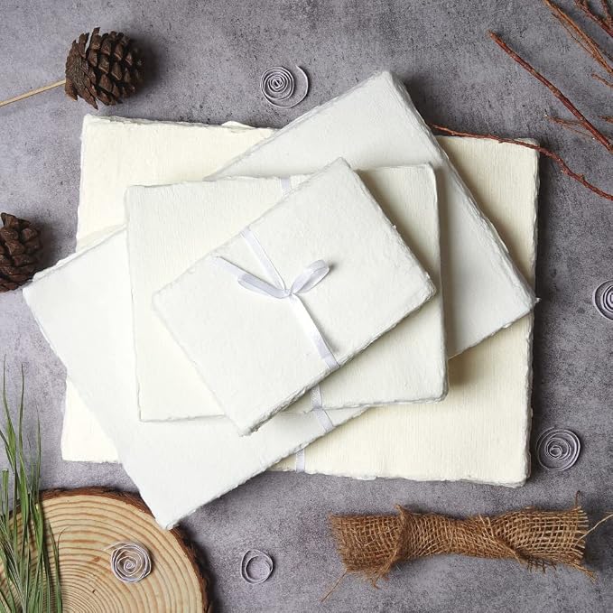 50 Sheets - Rough/Textured Watercolor Paper - 6 X 4 inches(150GSM) - Handmade/Deckle Edge Paper Made from Virgin Egyptian Cotton - White by Leather Village