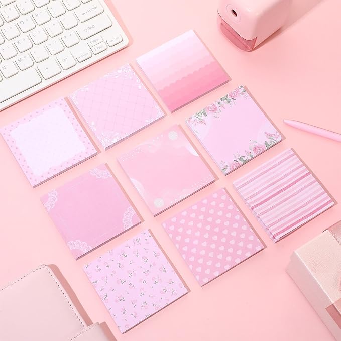 9 Pcs Aesthetic Sticky Notes Cute Pastel Self Stick Notepads Easy to Post Desk Supplies for Home Office Decor School Accessories Women Birthday Coworker Gifts(Pink)