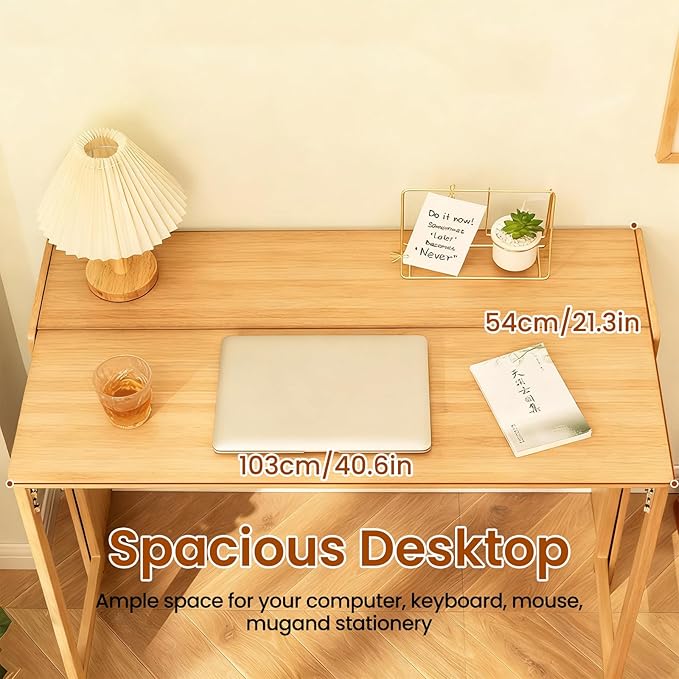 41" Bamboo Folding Desk with Bookshelf, Folding Bamboo Desk for Small Spaces, Computer Table Space Saving, Wooden Desks for Home Bedroom Study Office Bamboos Writing Desks, Primary