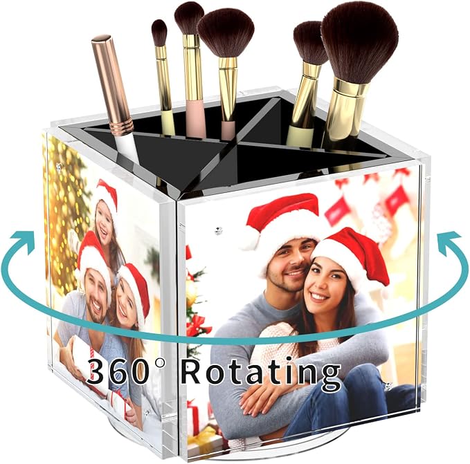 HIIMIEI Acrylic Picture Frames for Desk, 4-side Magnetic Photo Cube Pen Holder 4"x 4", 360° Rotating Desktop Organizer for Pencil, Makeup Brushes, Home, Office (Black)