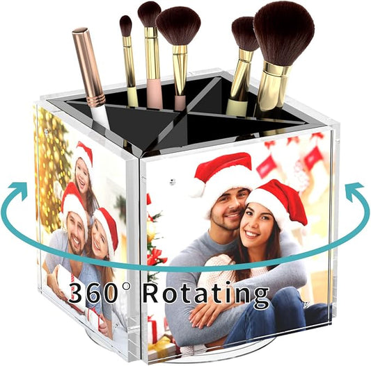 HIIMIEI Acrylic Picture Frames for Desk, 4-side Magnetic Photo Cube Pen Holder 4"x 4", 360° Rotating Desktop Organizer for Pencil, Makeup Brushes, Home, Office (Black)