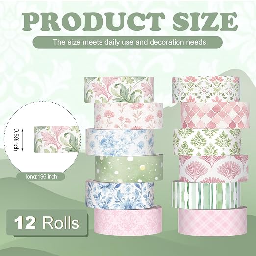 12 Rolls Watercolor Floral Washi Tape Set 15 mm Vintage Flower Decorative Masking Tape for Summer School Arts DIY Craft Scrapbook Journal Supplies Gifts(Pink,Blue and Green,Garden)