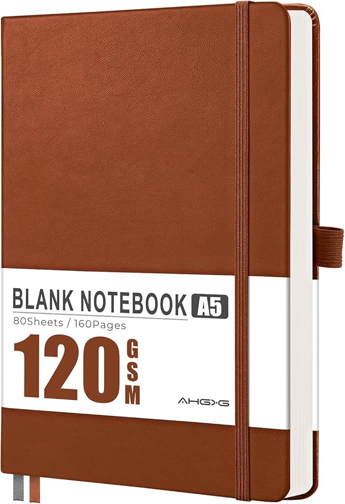AHGXG Blank Journal Notebook, 160 Pages, A5 Medium Size (5.7'' x 8.3''), 120 GSM Thick Paper, Leather Hardcover, for Sketching, Drawing, Painting (Brown)