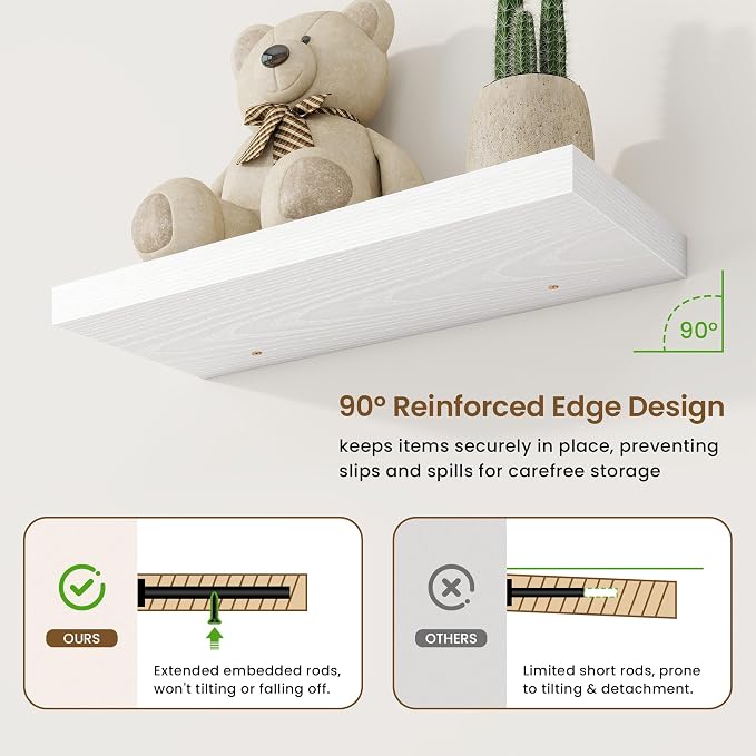 24in Floating Shelves for Wall, 24"W x 9.25"D x 1.25"H, 2 Pack Long Wall Mounted Engineered Wood Shelves with Invisible Brackets for Living Room, Bedroom, Bathroom, Kitchen Decor and Storage, White