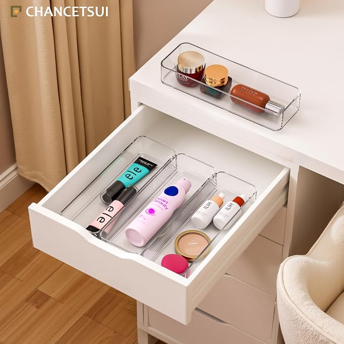 Clear Acrylic Drawer Organizer Bins: Plastic Organizers Tray For Bathroom | Stackable narrow small drawer organizer kitchen utensil desk junk makeup