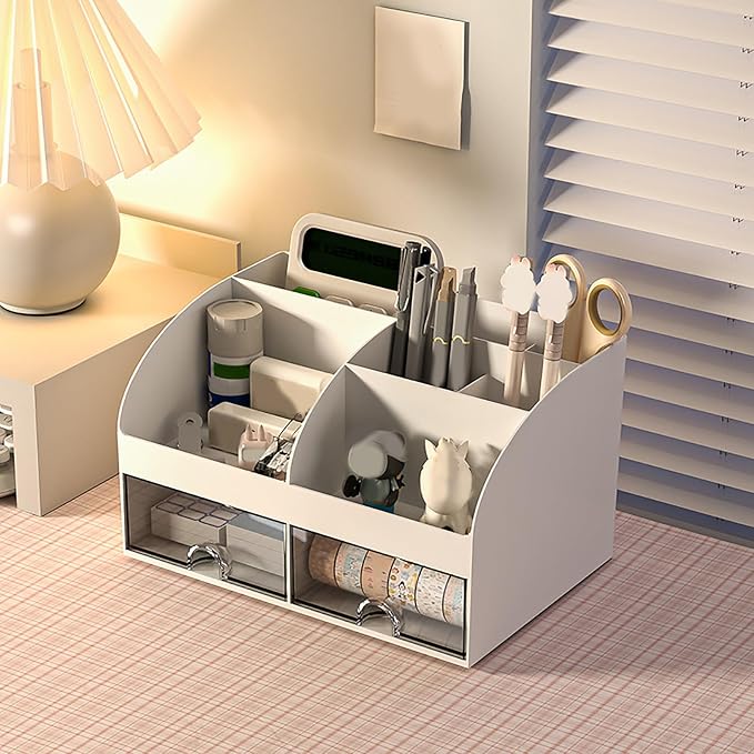 POCREATION Office Desk Organizer Desktop Storage Box Multifunctional Drawers with Transparent Design for Stationery Calculator Sticky Notes (White)