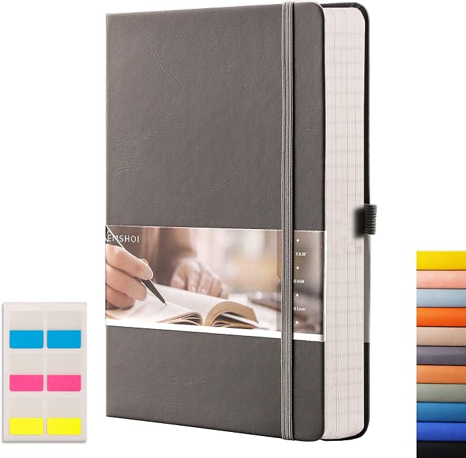 EMSHOI Graph Paper Notebook, 256 Pages 120 GSM Thick Paper, A5 Small 5.75"x8.38", PU Leather Hardcover Journal, 5mm Grid Notebook for Work School Math Engineering Writing Graphing, Dark Grey